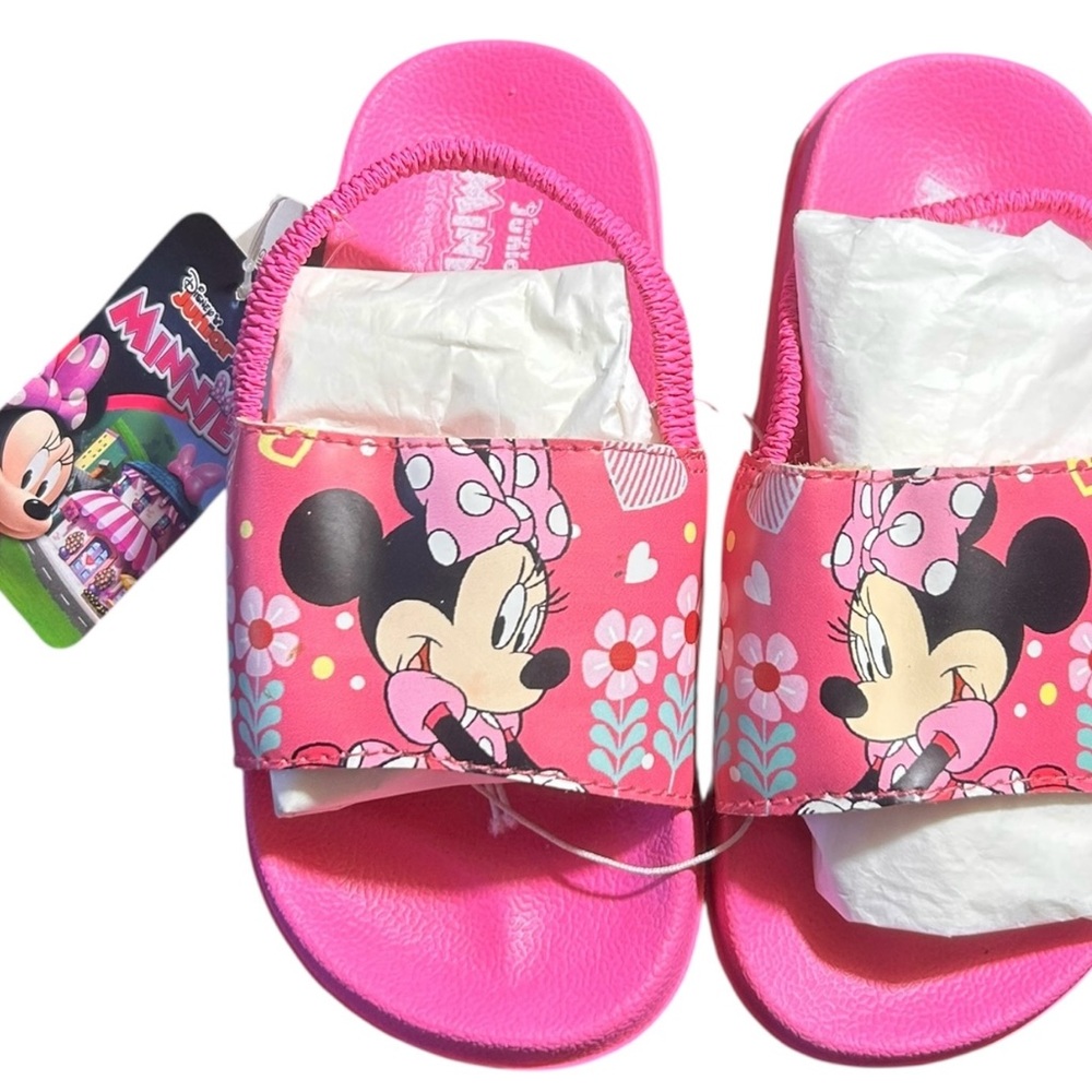 NWT Disney Junior Minnie Mouse pink slides sandals with strap Sz 9/10
